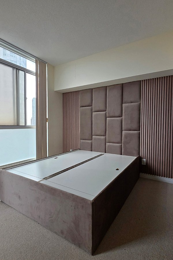Custom Bedroom Set in Mississauga – Fluted Panel Wall with Fabric & Integrated Storage