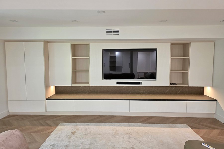 Custom Bar, Closets & TV Unit in Mississauga – Fluted Design with Oak Finish & Quartz Countertop 